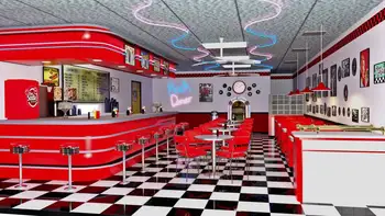 3D реколта американската закусвалня в стил рокендрол от 50-те години, джубокс, червен мебели, черно-бели карирани пол, фотофоны 50-те години, на фона на