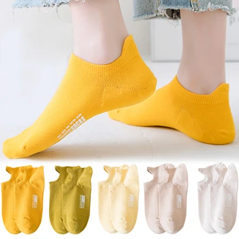 5 двойки/компл. женски къси чорапи, пролет-лято, жълти обикновена фини дамски чорапи дишащи-лодки, чорапи с ниска шнорхел, Meias Calcetines