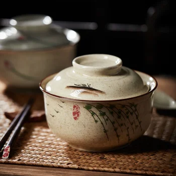 6,5-инчов японската купа за бързо приготвяне рамена с капак, ретро-керамични салата за юфка, купички за супа, пръчици за хранене и лъжици, съдове
