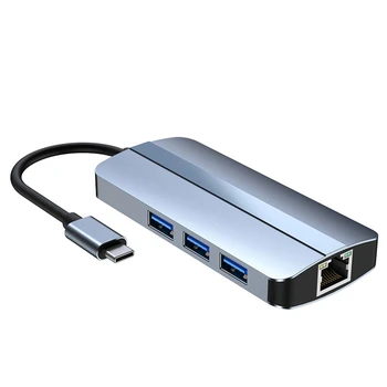 6-В-1 C USB хъб Докинг станция Type C USB HUB USB3.0 RJ-45 1000 Mbps, устройство за четене на карти SD TF карта, зарядно устройство PD мощност 100 W, съвместимо с HDMI