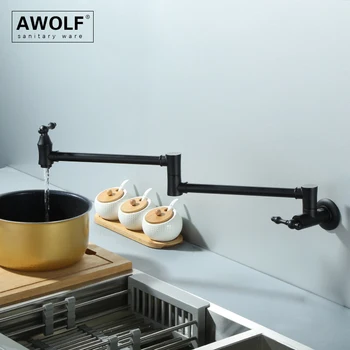 Awolf Сгъваем Пълнител за тенджери Черен, от плътен месинг, стенен смесител за кухненска мивка, смесителна батерия със завъртане на 360 градуса, чучур с един дупка FW002