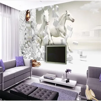 beibehang 3d фотообои европейския телевизор дневна спалня творческа обещаваща диаграма Стенни рисувани под формата на Бял кон тапети, стенни картини