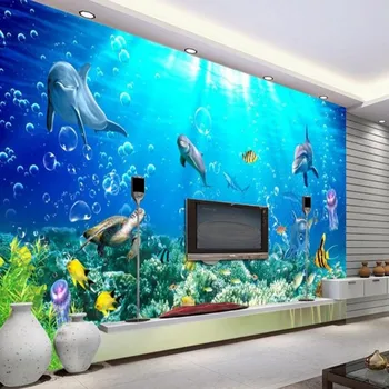 Beibehang Детска стая, голям 3D подводен свят, супер прозрачни стенописи, декорация на спалня, дневна, видеостена, 3D тапети