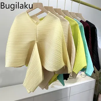 Bugilaku, Модни Тениски в Сгъвката, Женски Обикновена Тениска с V-образно деколте, Темпераментни Тениски, Прости, Универсални Ежедневни Корейски Върховете