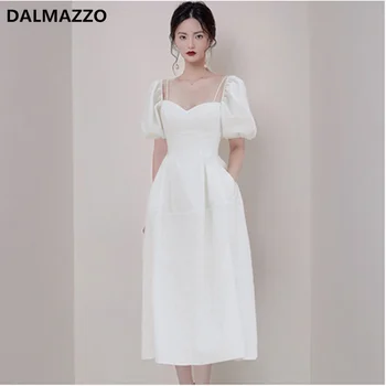 DALMAZZO 2023, ново лятно винтажное бяла дълга рокля, секси рокля с квадратна яка и пищни ръкави, на малка принцеса рокля, секси рокля голям размер
