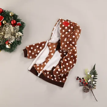 Emmababy/детска плюшена жилетка с цип дълъг ръкав, зимно палто с качулка в cartoony грах, 3D оленьи рога, връхни дрехи от 1 до 5 години, палта, Коледни