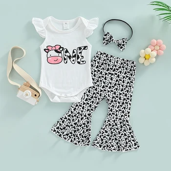 FOCUSNORM 0-18 м, 3 бр. комплекти сладък дрехи за малките момичета, гащеризон с принтом Крави с една буква + разкроена панталони + Лента за коса