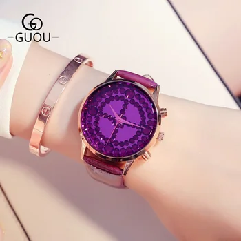 GUOU Нови модни дамски кварцов часовник Луксозен Диамант Индивидуалност и темперамент момиче голям циферблат Подарък ръчен часовник от естествена кожа