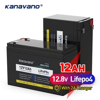 Kanavano Акумулаторна батерия LiFePO4 12V 12Ah Вградена 4S BMS за led осветителни тела, Домакински уреди + зарядно устройство 2A