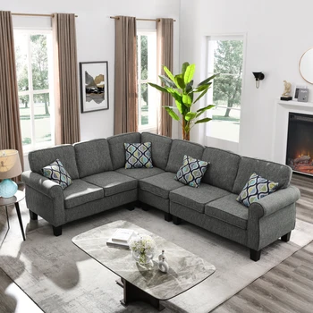 L-образна форма на секционни диван с реверсивным шезлонг, четири възглавници в комплект пластмасови крачета, тъмно сиво (106 