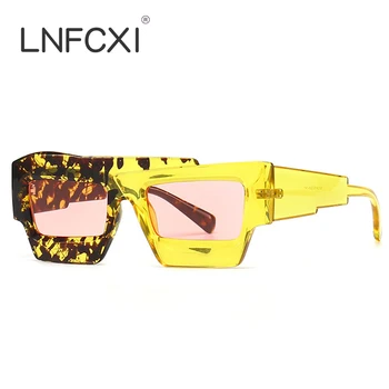 LNFCXI Модни нередовни квадратни дамски слънчеви очила ретро тенденция на двойно точки жълто леопардового цветове с нюанси на UV400 Мъжки слънчеви очила