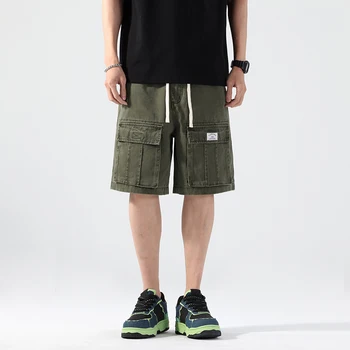 LUKER CMSS Летни мъжки памучни панталони-карго с много джобове, ежедневни панталони в стил милитари с еластичен ластик на талията