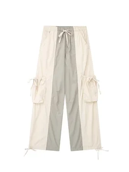 MESTTRAF Секси Дизайн 2023, Модни Лоскутные Панталони със странични карго джобове, реколта дамски панталон с висока талия и завязками