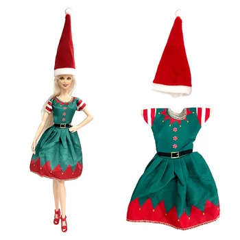 NK 1 бр., ново модно зелена рокля + червена шапка за Барби кукли, аксесоари, детски играчки, облекло, облекло за кукли 1/6, коледни подаръци 