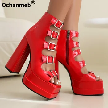 Ochanmeb/ Големи Размери 48, дамски Сандали-Гладиатори с няколко Изкривени От Лачена Кожа Червен на Цвят В много високо Масивна Обувки, Обувки на Дебелото платформа, Писта