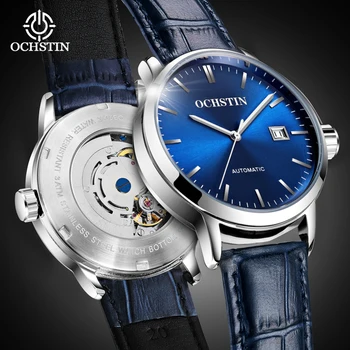 OCHSTIN Мъжки автоматичен часовник с модерен кожена каишка, с автоматична дата, самостоятелно ликвидация, механични мъжки ръчен часовник, водоустойчив Montre Homme