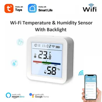Sasha WiFi Сензор за температура и Влажност на въздуха с подсветка Умен Дом, Влагомер, Термометър, детектор, дистанционно управление чрез Алекса Google Home