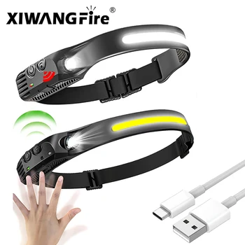 USB Акумулаторна светодиодна тъчпад фаровете XPE + COB led налобный фенер, походный търсене фенер, главоболие фенер за риболов