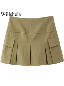 Willshela, дамски модни поли-панталони с гънки отзад с цип цвят каки, реколта дамски шик шорти с висока талия