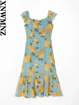 XNWMNZ 2023 Дамско модно рокля с френски ретро-принтом, женски празнична рокля с летящим ръкав, отворени рамене, рюшами хем, дамски рокли midi