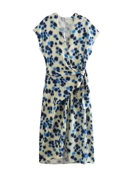 ZXQJ, Дамско Модно рокля с мирис на 2023, Винтажное Рокля с V-образно деколте и къс Ръкав, Дамски Рокли Vestidos Mujer