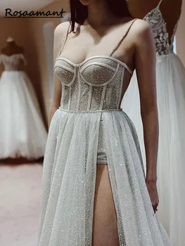 Богемные булчинска рокля с цвят на слонова кост, бродирани с пайети, сватбена рокля с отворен гръб, Robe De Mariee