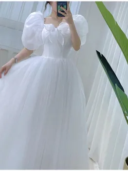 Бяло Сладко сетчатое принцеса рокля, секси рокля миди с пищни ръкави и лък, корейското кавайное рокля midi, женски есен ежедневното рокля за парти 2023 година