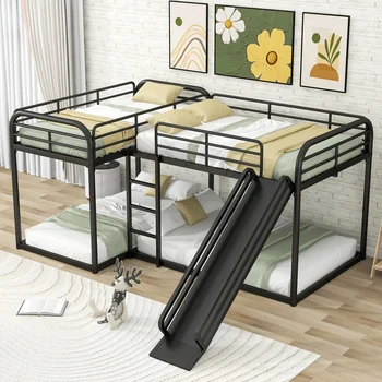 В пълен размер и двоен L-образна двуетажно легло с пързалка и къса стълба