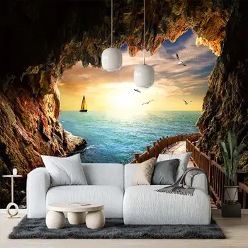 Вид на Карстовую пещера, Красив Залез, Гледка към морето, 3D Хол, Спалня, самозалепващи се тапети по поръчка