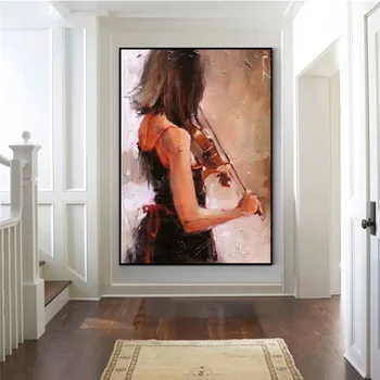 Висококачествена ръчно рисувани върху платно, момиче свири на цигулка, картини с маслени бои, модерна обстановка, стенно изкуство за всекидневната, декорация на дома