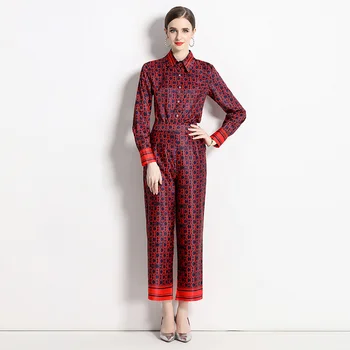 Висококачествени пролетно-есенните модни комплекти панталони за подиум, Женски свободни ризи с дълъг ръкав + Червени Костюми с дълги панталони с писмото принтом M9873