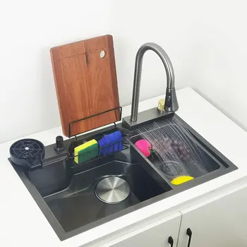 Водопадная мивка, Кухненски Наномойки с поставка за дъска за табла за пистолет сив цвят 304 Мивка от Неръждаема Стомана с мивка чаши