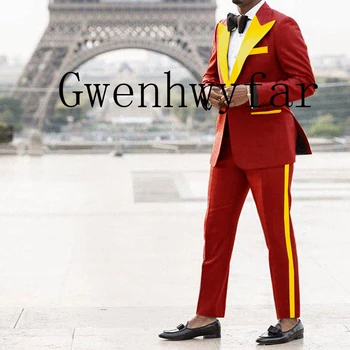 Гвенвифар 2022, Ново Записване, Модерен Оборудвана мъжки костюм с Лъскава Жълта Ревера, Подходящ за Сватбен смокинг Младоженеца