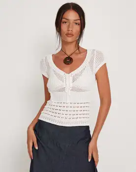 Дамски блузи Летни с V-образно деколте, выдалбливают Секси Модерен прост стил INS, Бял плътен цвят, къс ръкав, Hot Lady Slim 2023