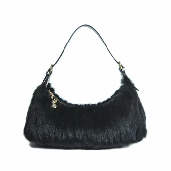 Дамски модни чанти за рамо от кожа на норка, женски нови пролетни чанти от черна естествена кожа S7983