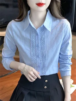 Дамски пролетно-есенни блузи с бродерия, ризи, дамски ежедневни блузи с дълъг ръкав и отложным яка, обикновена блузы, върхове DF4794