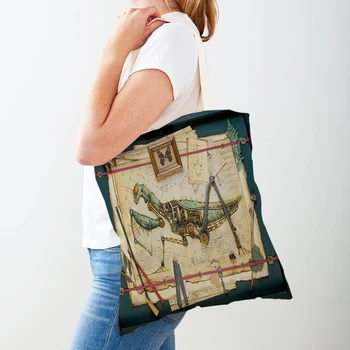 Дамски чанти-тоут с механични животни в стил steampunk, за многократна употреба сгъваеми чанти за пазаруване с двойно принтом, дамски чанти-тоут