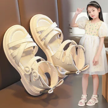 Детски сандали за момичета 2023 г., обувки в римски стил с лък за деца, детска плажна обувки на равна подметка за момичета, летни сандали, обувки принцеса 27-37