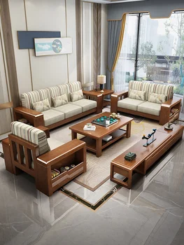 Диван от масивна дървесина, изцяло от масивна дървесина, нов китайски стил, уютна всекидневна, плат, диван, комбинация, малък семейно управляван икономичен ъглов диван