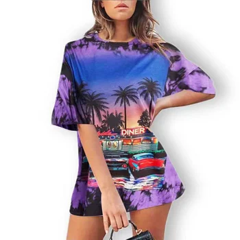 Елегантна лилава тениска с изображение на автомобила и на кокосовата палма, женска тениска с кръгло деколте и къс ръкав, ежедневни риза Лятото на 2022 3XL