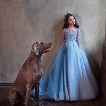 Елегантна синя рокля с дълги ръкави и цветя модел за момичета на сватба, илюзия принцеса, тюлевые апликации, елегантни рокли за първо причастие