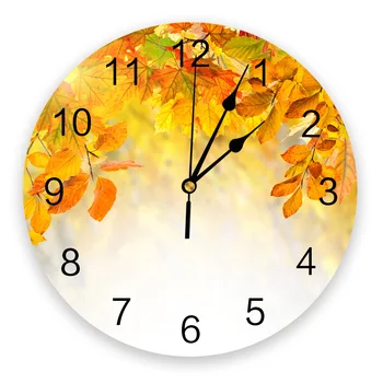 Есенни кленови листа, текстура дървета, кръгли стенни часовници, висящи часовници с тихо време, домашен интериор, спалня, хол, офис декор