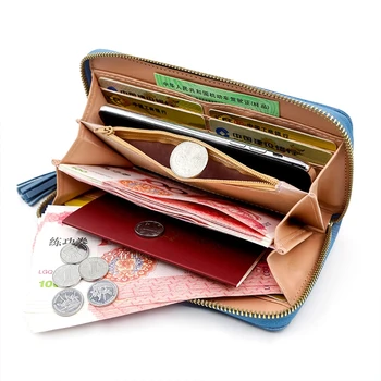 Жена Дълъг портфейл-клатч джоб с пискюли в полка, в чантата е с голям капацитет, дамски портфейл, дамски портфейл, джоб за телефон, петзвезден държач за карти
