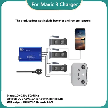 За зарядно устройство Mavic 3 Зарядно устройство Mavic 3 Series Multi Charge може едновременно да зарежда три батерия за около 90 минути