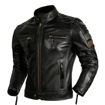 Защитно облекло за мотоциклетисти, яке от естествена телешка кожа, мъжко палто за мотобайкеров, мъжки мотоциклетът яке от сака от естествена кожа