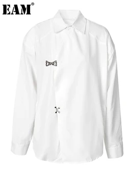 [ИАЛ] Женска Бяла Асиметрична Блуза С Метална Катарама Голям Размер, Нова Риза с Дълъг ръкав И Ревера, Модерен Прилив, Пролет-Есен 2023 1DF8113