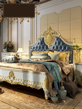 Италианската двойно кожена сватба легло от масивно дърво, луксозни легло принцеса на френския двор, изработени по поръчка