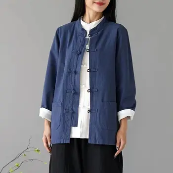 Китайски стил, национален жилетка с копчета в стил ретро, есенна риза от памук и лен, палто, костюм Танг, риза за жени