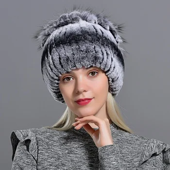 Кожени шапки за жени, зимна шапка от естествена заек рекс, вязаная от лисьего кожа, дамски топли снежните шапки, дамски елегантни шапки принцеса
