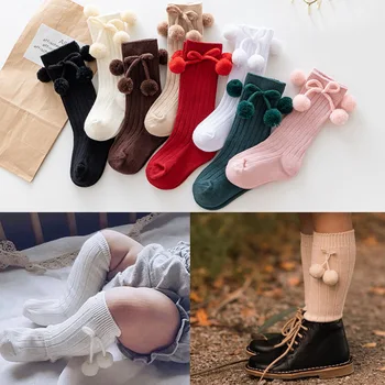 Коледен Подарък За Малките Момичета, Червени Чорапи с Топки от Череша Коса, Чорапогащи до Коляното Чорапи-тръба за Деца, Бебешки терлици от 0 до 3 години